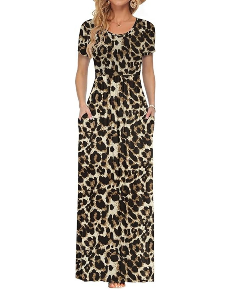 Fenna Robe Maxi Femme – Robe Longue Décontractée Manches Courtes Poches Taille Élastique
