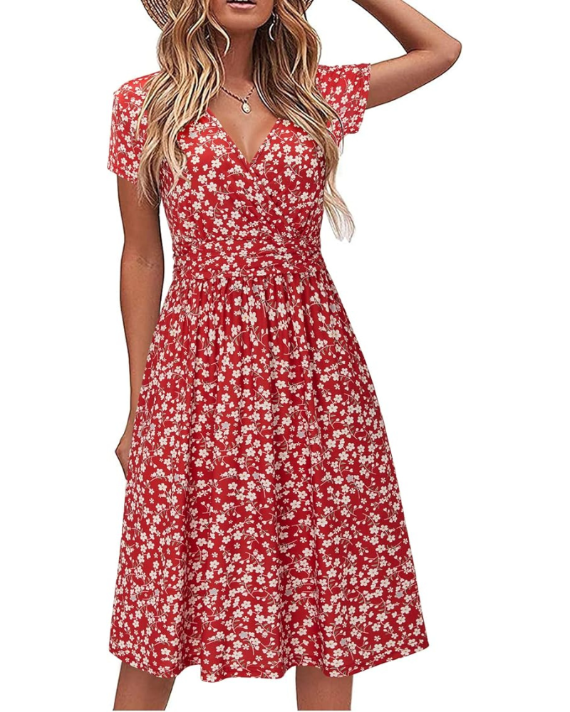 Genesis Robe Femme – Blomstret Print, Kryds V-Hals & Lommer Elegant A-Linje Snit
