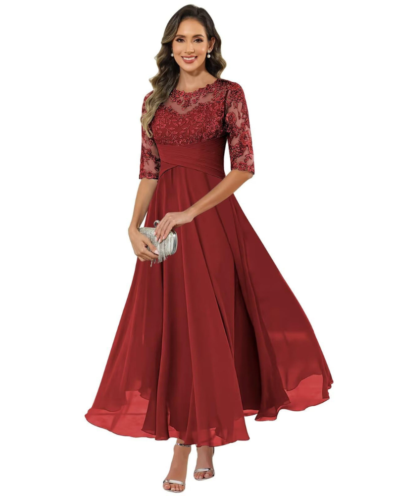 Olanthe Women's Evening Dress – Lace & Chiffon, 3/4 Sleeves & Elegant A-Line Cut