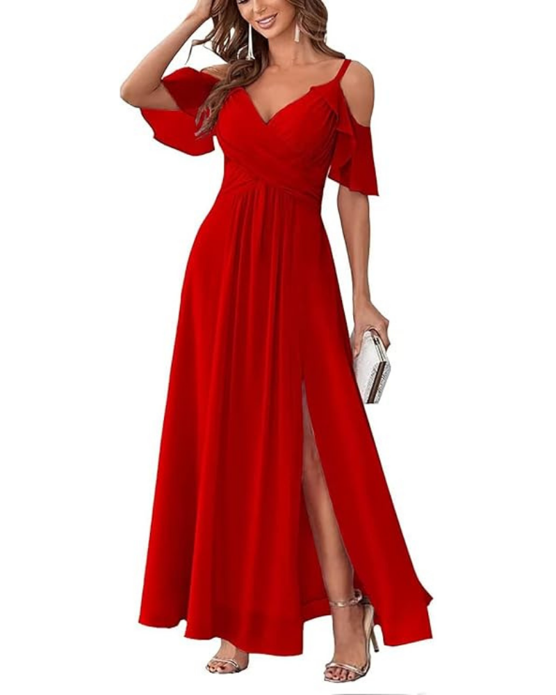 Georgia Robe Longue Femme – Mousseline Épaules Dénudées, Col V & Coupe A-Line Élégante