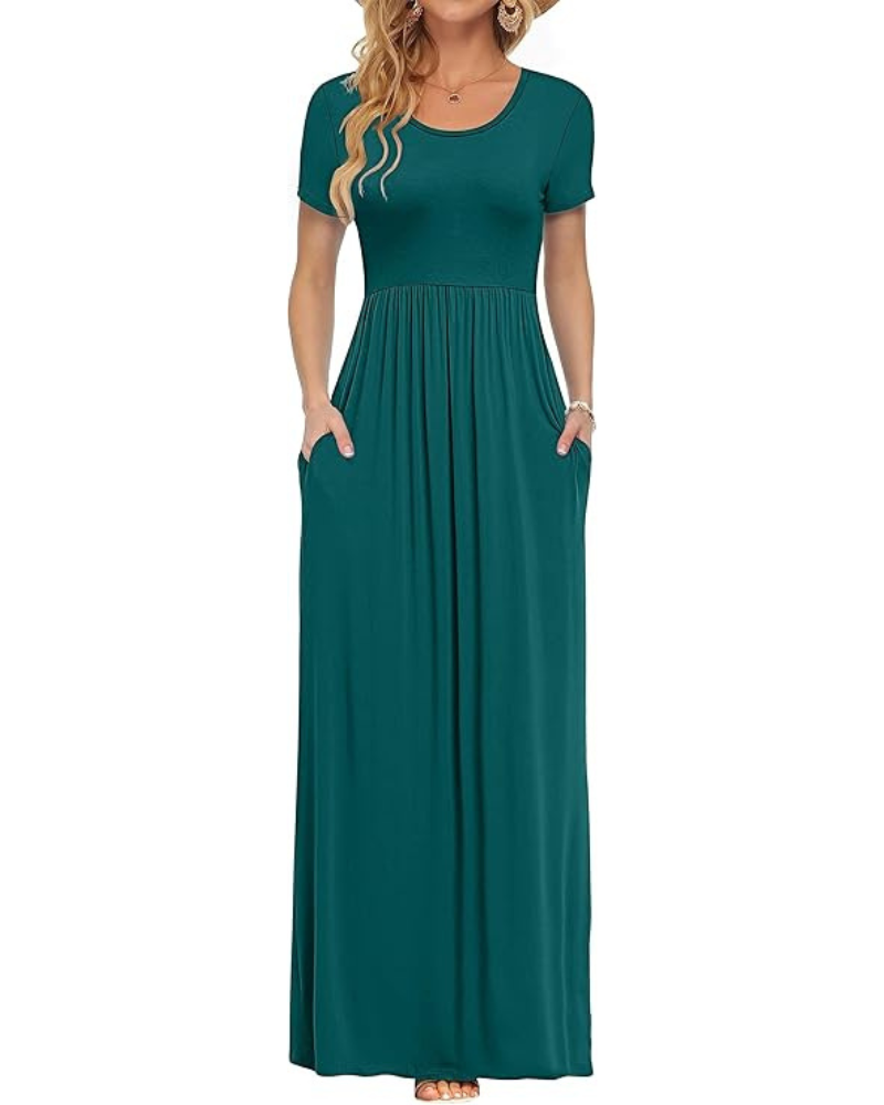Fenna Robe Maxi Femme – Robe Longue Décontractée Manches Courtes Poches Taille Élastique
