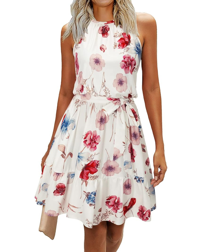 Rochie Bloom pentru femei – Guler Halter, Imprimeu floral și buzunare, croială în A, lungime până la genunchi