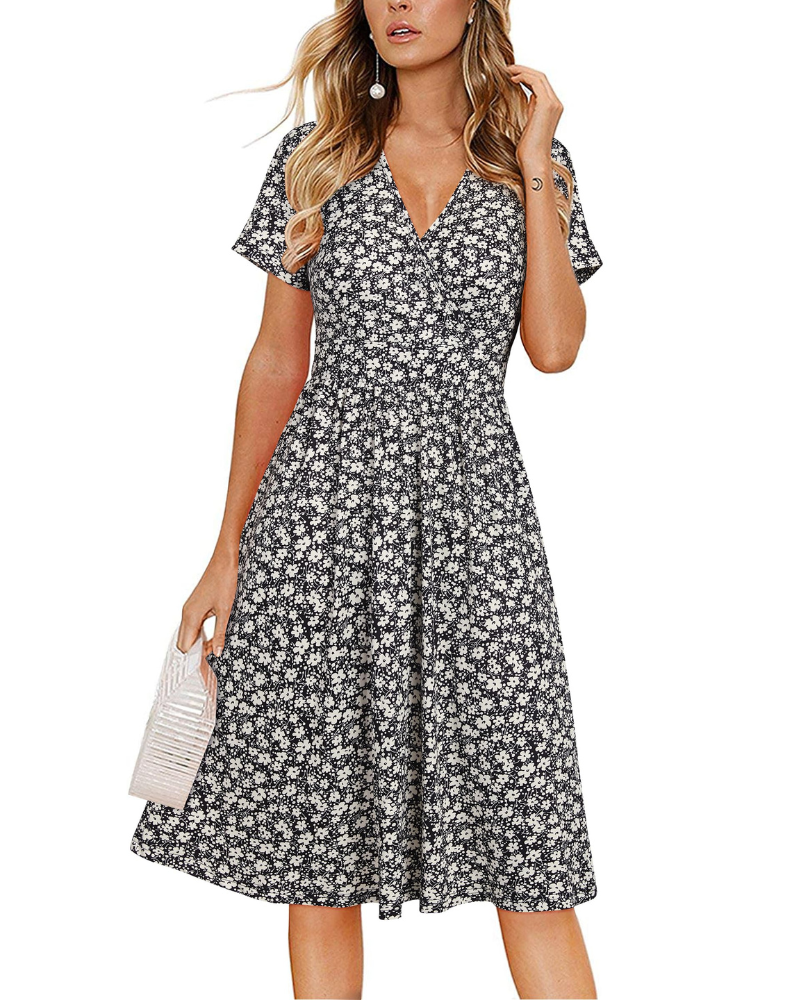 Evania Damenrobe – Wickelkleid mit V-Ausschnitt, A-Linien-Schnitt & Taschen, elegante knielange Länge