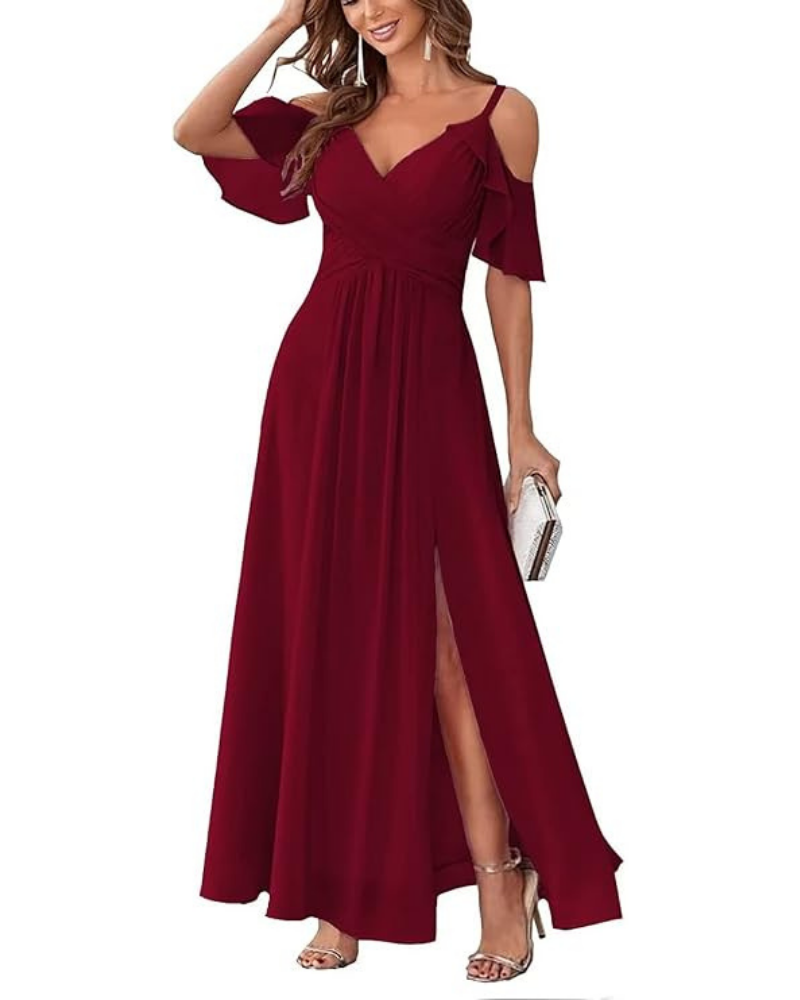 Georgia Robe Longue Femme – Mousseline Épaules Dénudées, Col V & Coupe A-Line Élégante