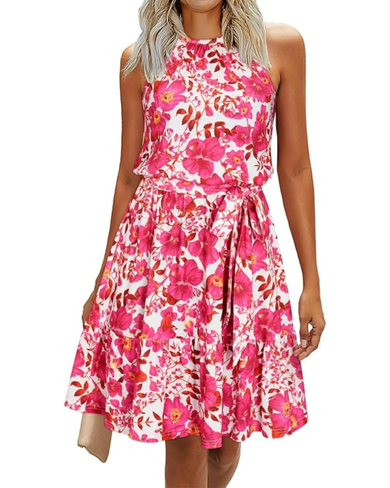 Rochie Bloom pentru femei – Guler Halter, Imprimeu floral și buzunare, croială în A, lungime până la genunchi