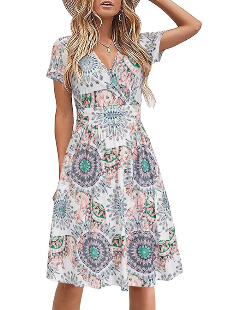 Genesis Robe Femme – Blomstret Print, Kryds V-Hals & Lommer Elegant A-Linje Snit