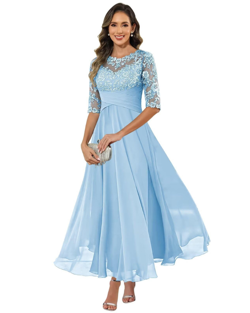Olanthe Women's Evening Dress – Lace & Chiffon, 3/4 Sleeves & Elegant A-Line Cut