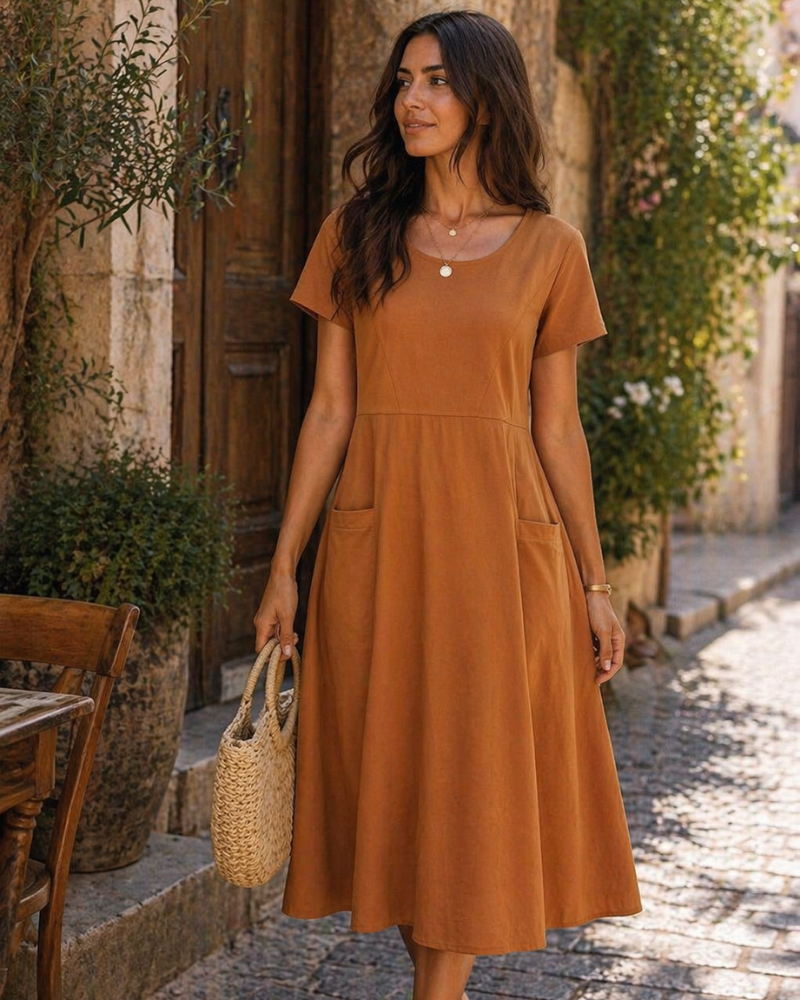 Seren ženska haljina – Pamuk, okrugli izrez i širok kroj s džepovima, duljina do koljena, ljeto