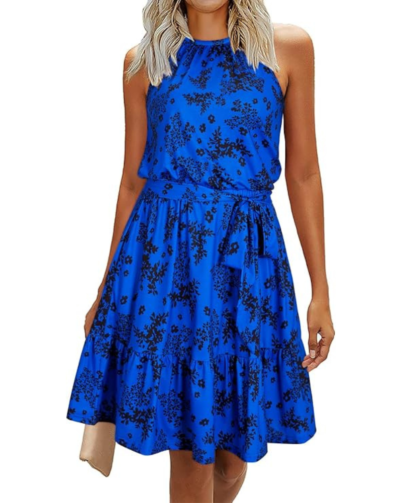 Rochie Bloom pentru femei – Guler Halter, Imprimeu floral și buzunare, croială în A, lungime până la genunchi