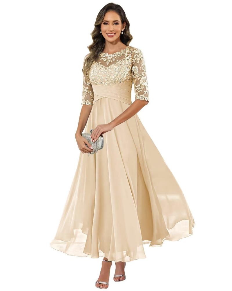 Olanthe Women's Evening Dress – Lace & Chiffon, 3/4 Sleeves & Elegant A-Line Cut
