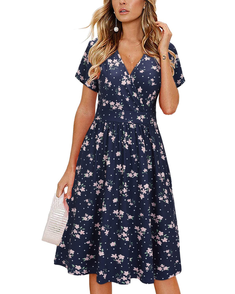 Evania Damenrobe – Wickelkleid mit V-Ausschnitt, A-Linien-Schnitt & Taschen, elegante knielange Länge