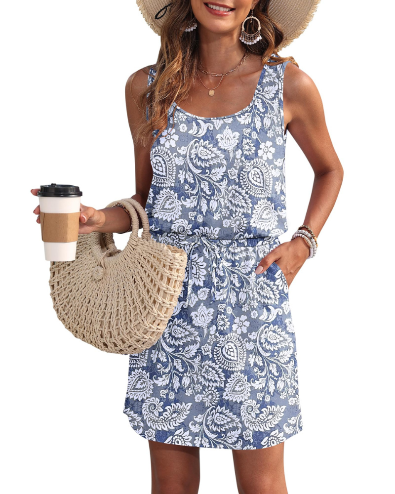 Vestido Fiorielle Mulher – Sem Mangas, Decote Redondo, Cintura Ajustável e Bolsos, Corte Fluido Verão
