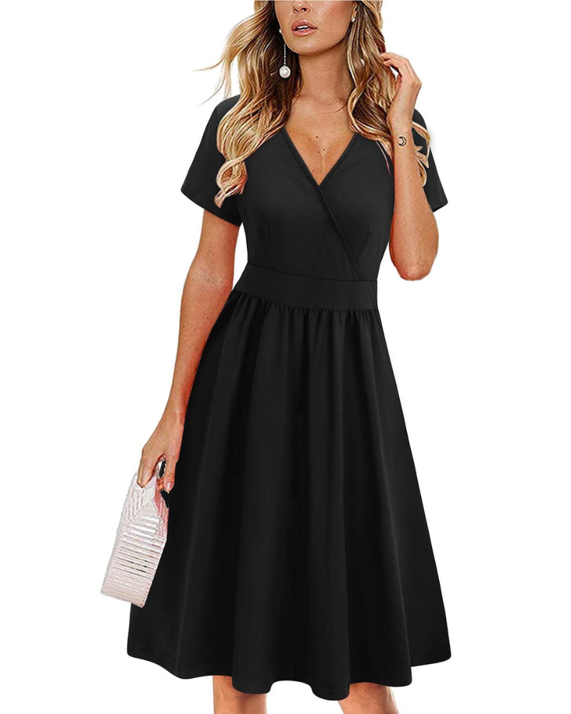 Evania Damenrobe – Wickelkleid mit V-Ausschnitt, A-Linien-Schnitt & Taschen, elegante knielange Länge