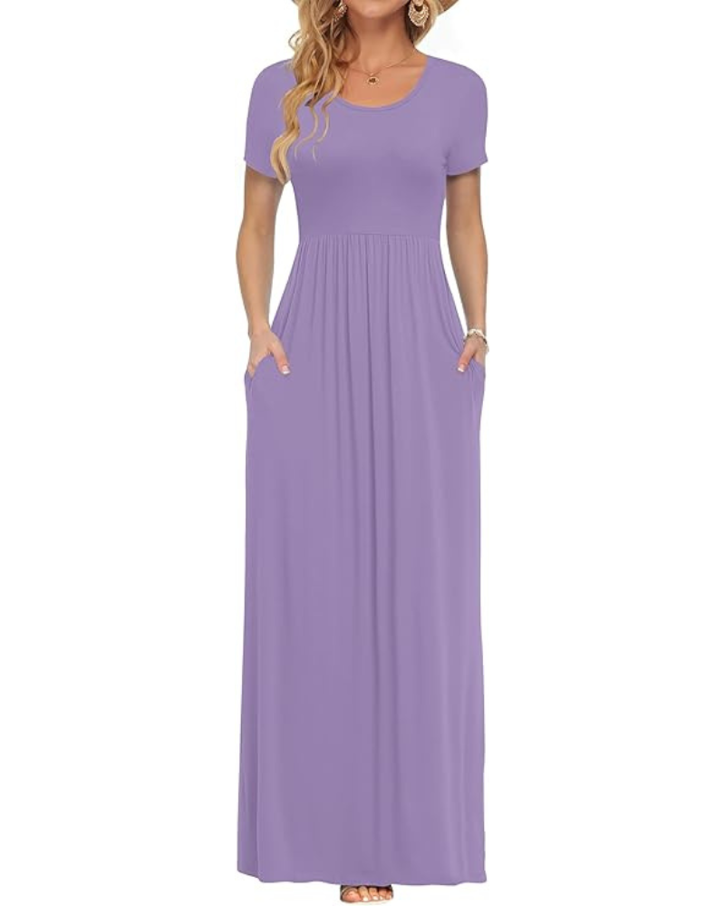 Fenna Robe Maxi Femme – Robe Longue Décontractée Manches Courtes Poches Taille Élastique