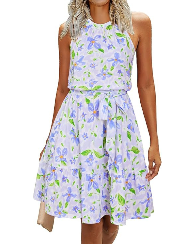 Rochie Bloom pentru femei – Guler Halter, Imprimeu floral și buzunare, croială în A, lungime până la genunchi
