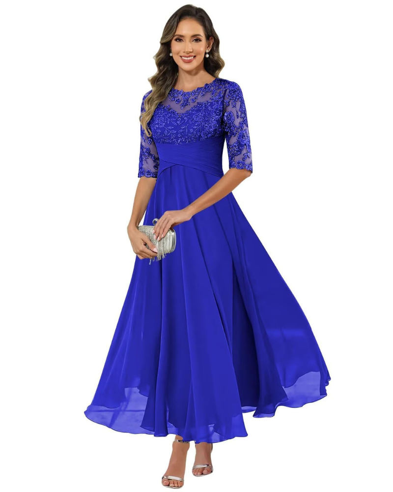 Olanthe Women's Evening Dress – Lace & Chiffon, 3/4 Sleeves & Elegant A-Line Cut