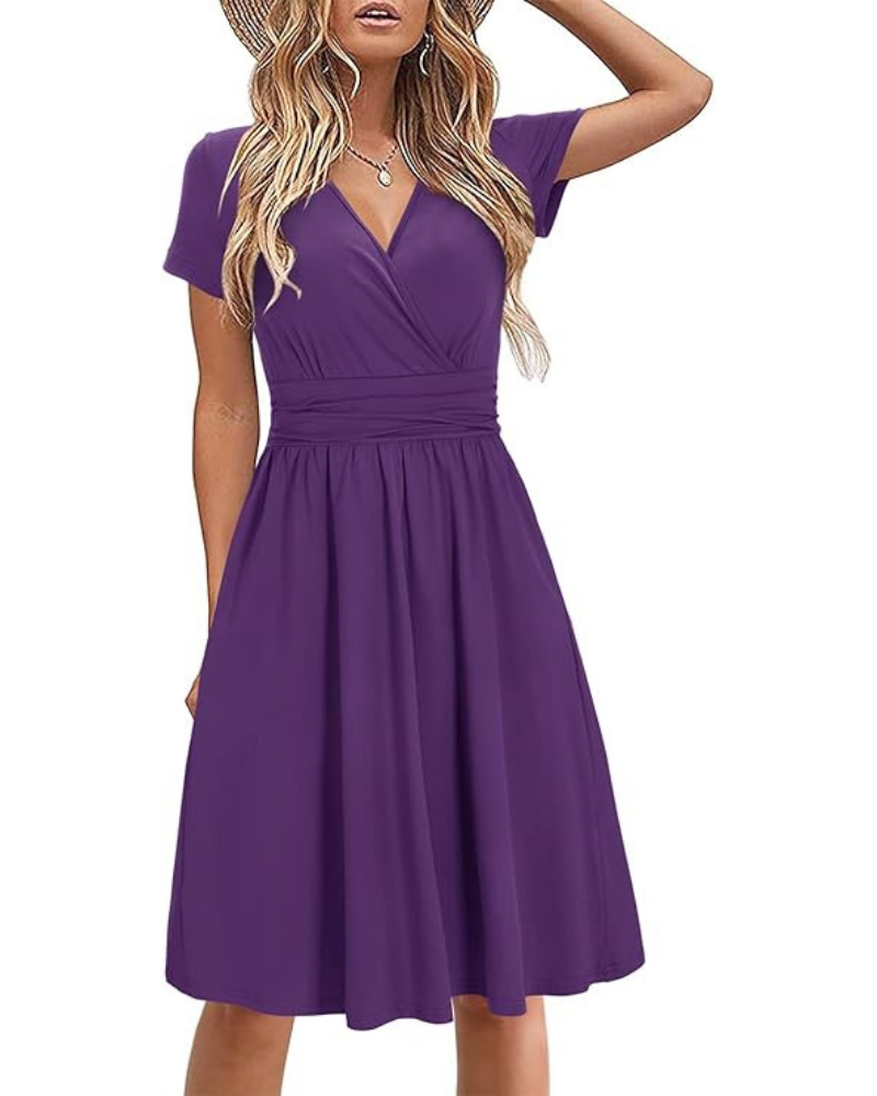 Genesis Robe Femme – Blomstret Print, Kryds V-Hals & Lommer Elegant A-Linje Snit