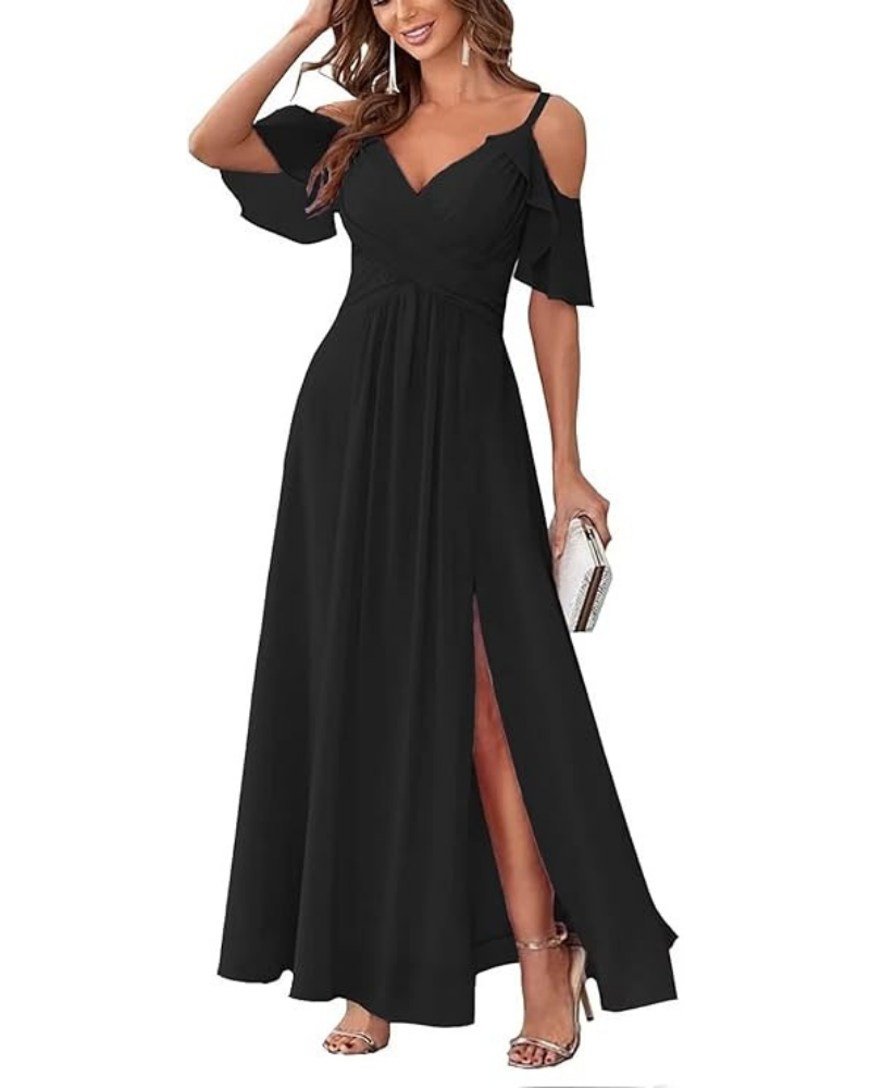 Georgia Robe Longue Femme – Mousseline Épaules Dénudées, Col V & Coupe A-Line Élégante