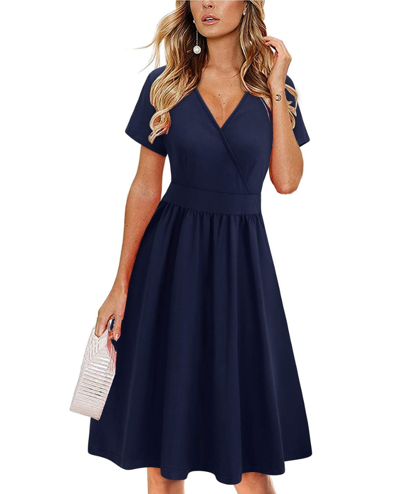 Evania Damenrobe – Wickelkleid mit V-Ausschnitt, A-Linien-Schnitt & Taschen, elegante knielange Länge