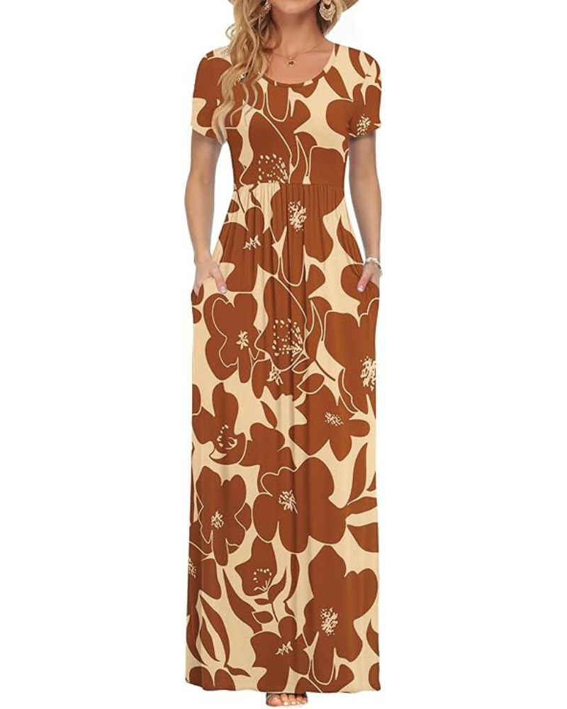 Fenna Robe Maxi Femme – Robe Longue Décontractée Manches Courtes Poches Taille Élastique