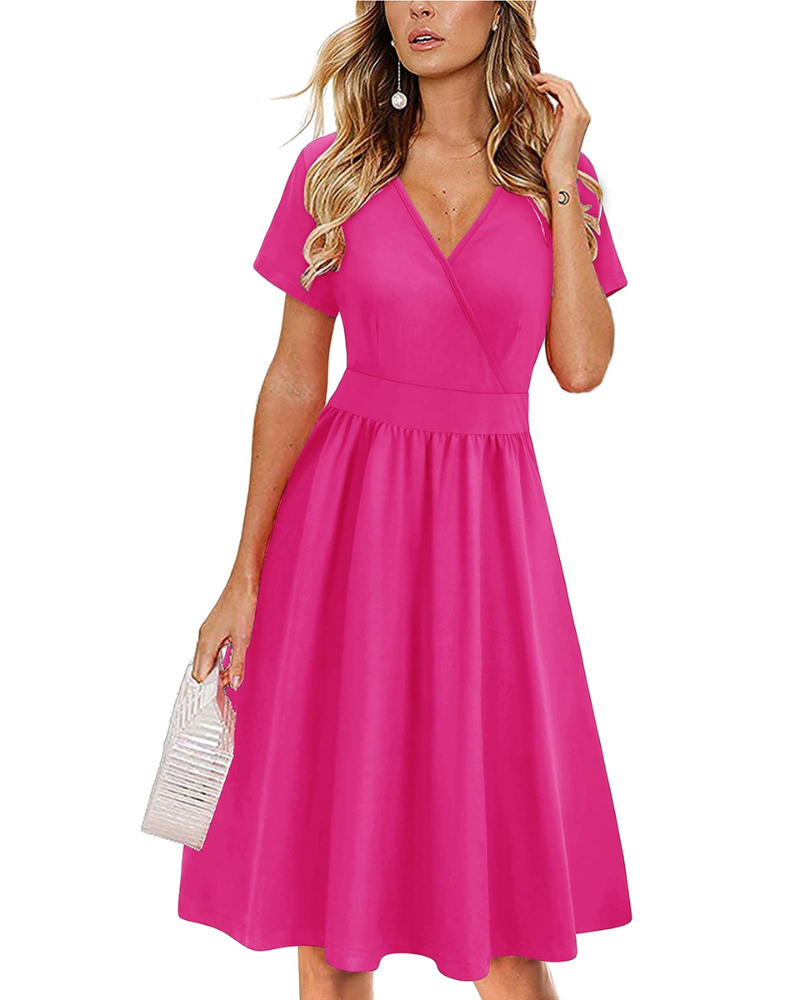 Evania Damenrobe – Wickelkleid mit V-Ausschnitt, A-Linien-Schnitt & Taschen, elegante knielange Länge