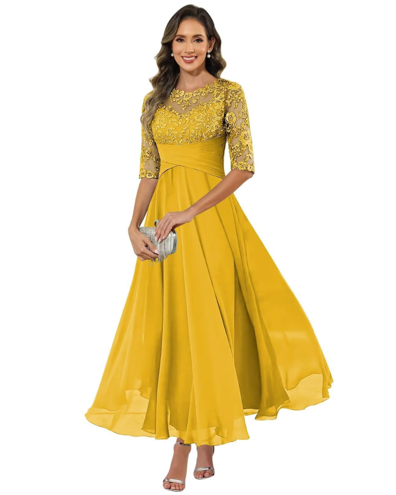 Olanthe Women's Evening Dress – Lace & Chiffon, 3/4 Sleeves & Elegant A-Line Cut