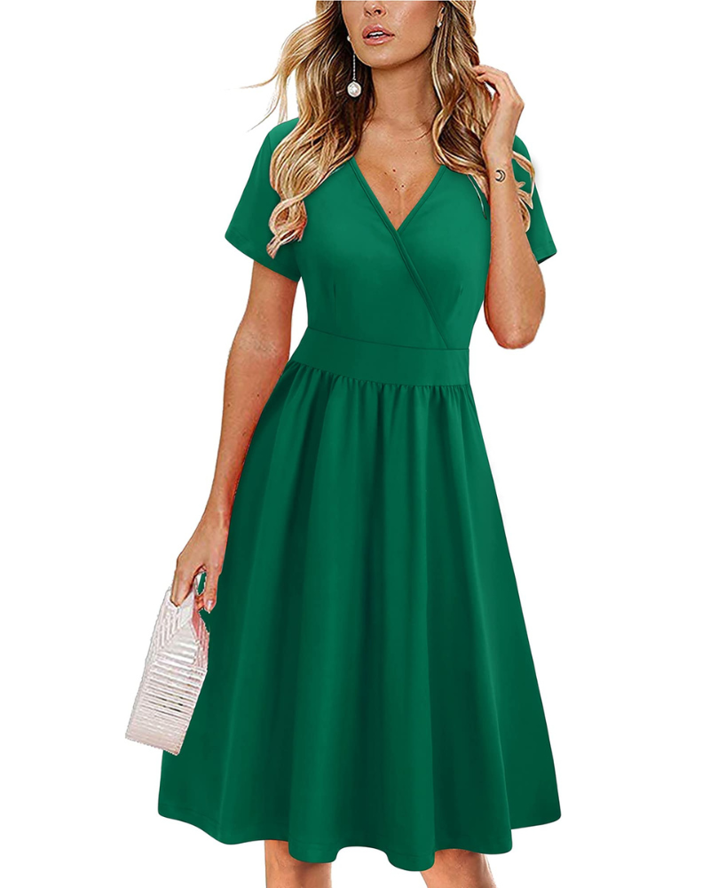 Evania Damenrobe – Wickelkleid mit V-Ausschnitt, A-Linien-Schnitt & Taschen, elegante knielange Länge