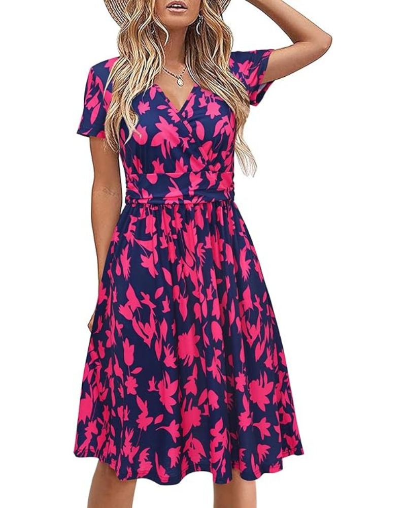 Genesis Robe Femme – Blomstret Print, Kryds V-Hals & Lommer Elegant A-Linje Snit
