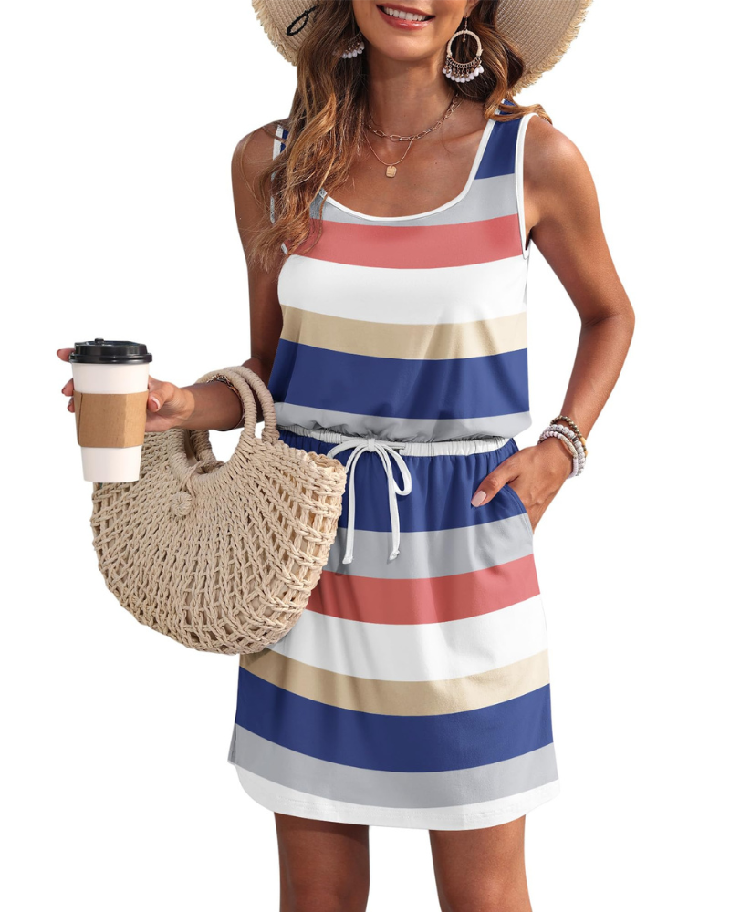 Vestido Fiorielle Mulher – Sem Mangas, Decote Redondo, Cintura Ajustável e Bolsos, Corte Fluido Verão
