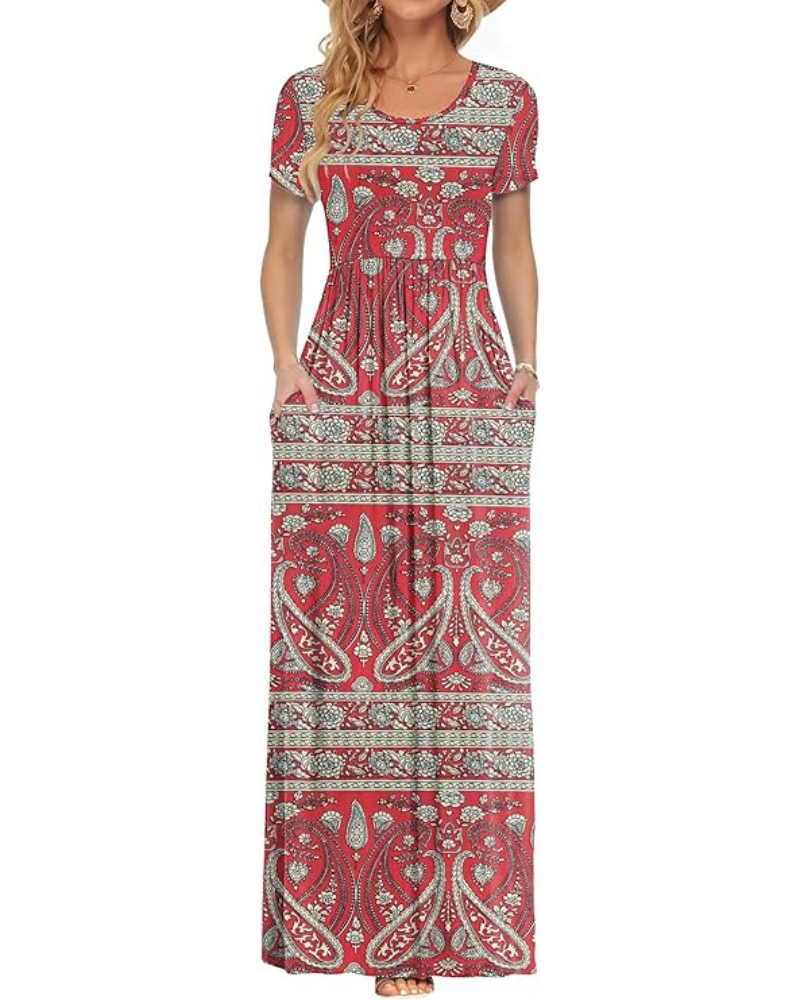 Fenna Robe Maxi Femme – Robe Longue Décontractée Manches Courtes Poches Taille Élastique