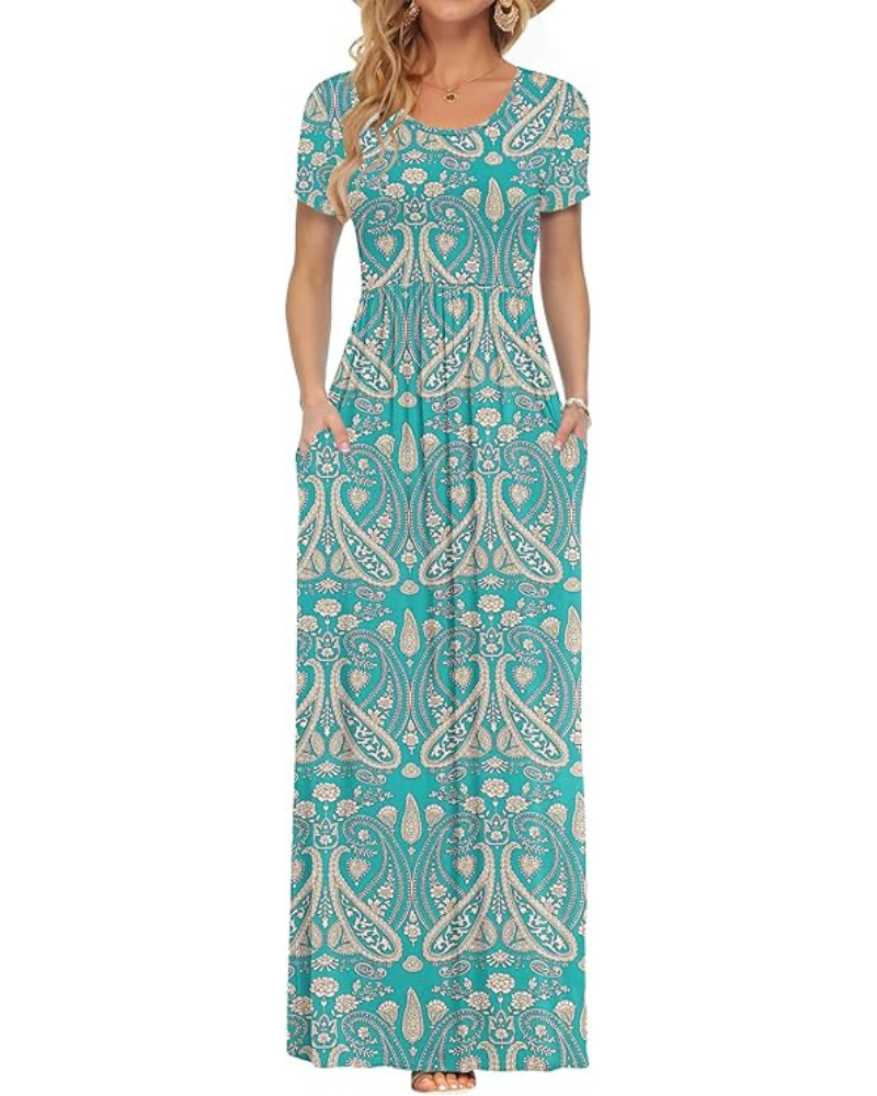 Fenna Robe Maxi Femme – Robe Longue Décontractée Manches Courtes Poches Taille Élastique