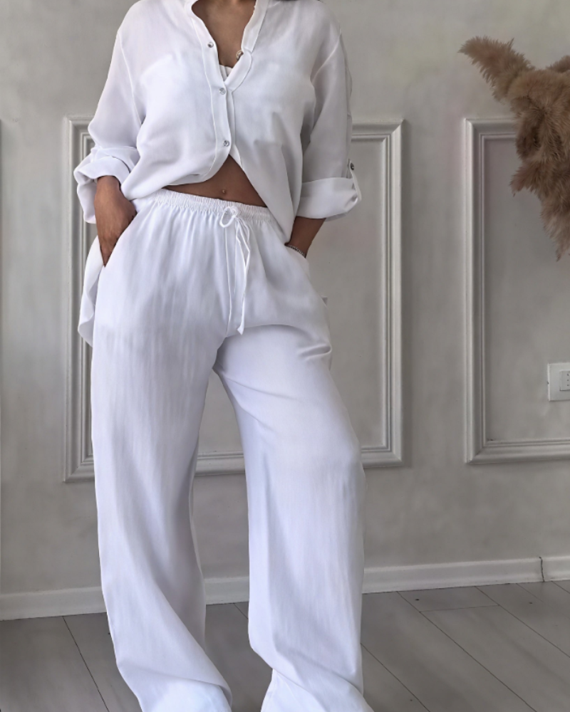 Léonsia Dámsky Set – 2-dielny Set Košeľa & Široké Nohavice, Štýl Casual Chic