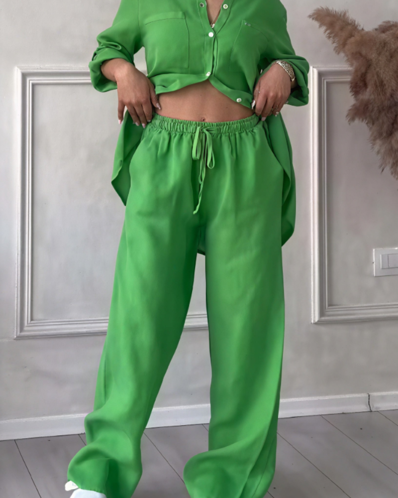 Léonsia Dámsky Set – 2-dielny Set Košeľa & Široké Nohavice, Štýl Casual Chic