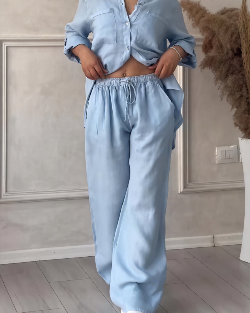 Léonsia Dámsky Set – 2-dielny Set Košeľa & Široké Nohavice, Štýl Casual Chic