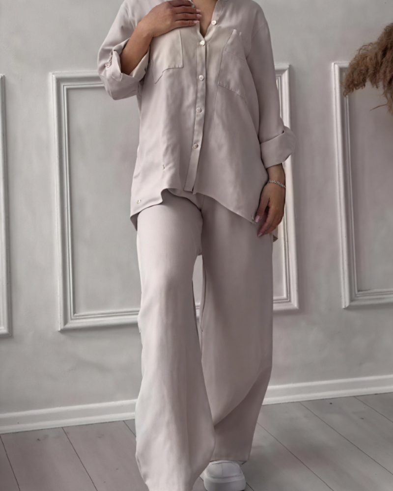 Léonsia Dámsky Set – 2-dielny Set Košeľa & Široké Nohavice, Štýl Casual Chic