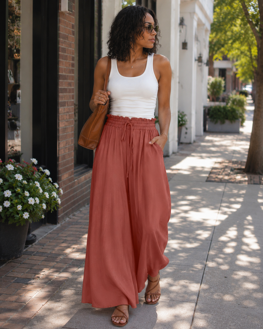 Ondine Pantalon Palazzo Femme – Taille Haute à Cordon, Fluide, Léger & Poches