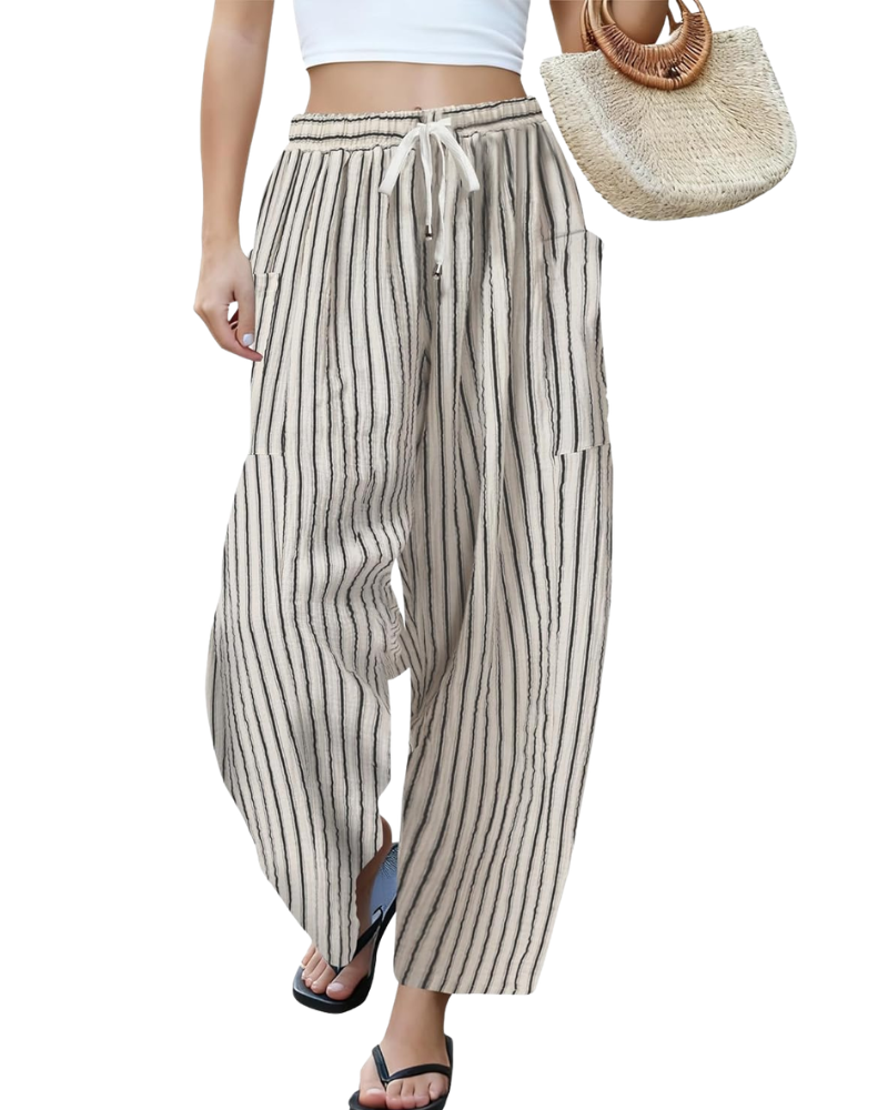 Tina Calças Mulher – Palazzo Lin Largas Oversize Cintura com Cordão e Bolsos
