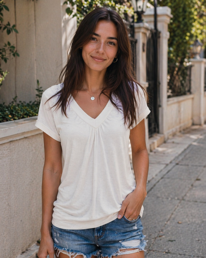 Rhea Top Femme – T-Shirt mit V-Ausschnitt, Plissiert, Eleganter und Bequemer Sommer-Schnitt