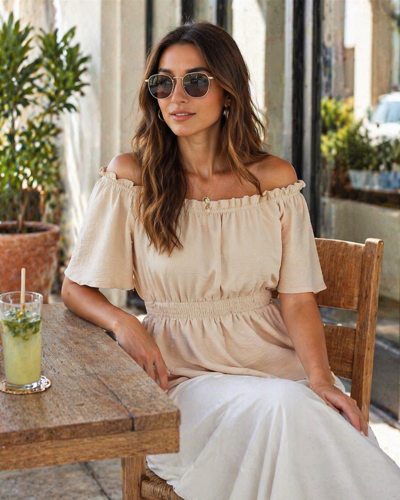 Lenora Top Femme – Μπλούζα με Ανοιχτούς Ώμους και Βολάν, Κομψή Εφαρμοστή Γραμμή, Καλοκαίρι