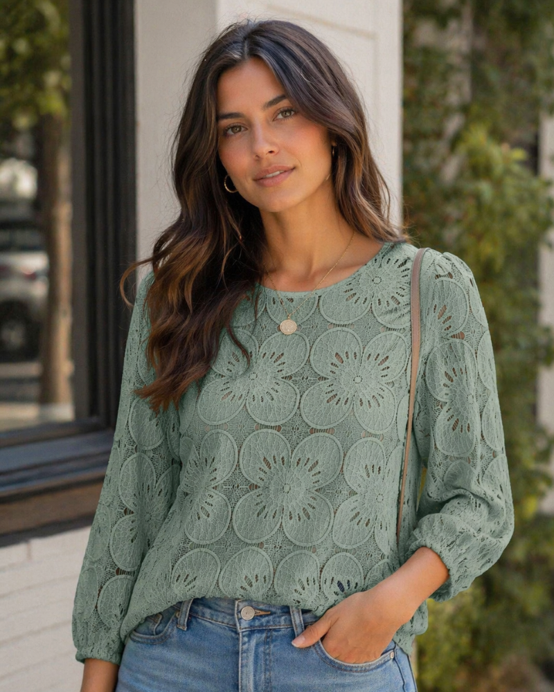 Bluzka Nolia Damska – Top z Ażurem i Bufiastymi Rękawami 3/4, Styl Elegancki Casual Chic