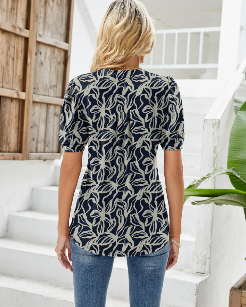 Nina Blouse Femme Été – Col V Fleuri Manches Bouffantes & Coupe Fluide
