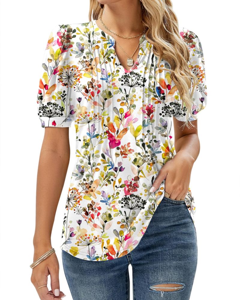 Nina Blouse Femme Été – Col V Fleuri Manches Bouffantes & Coupe Fluide