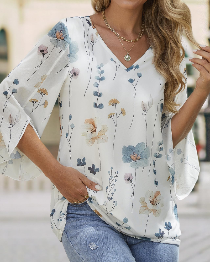 Kristine Blouse Femme Été – Col V Fleuri Manches 3/4 à Volants Grande Taille