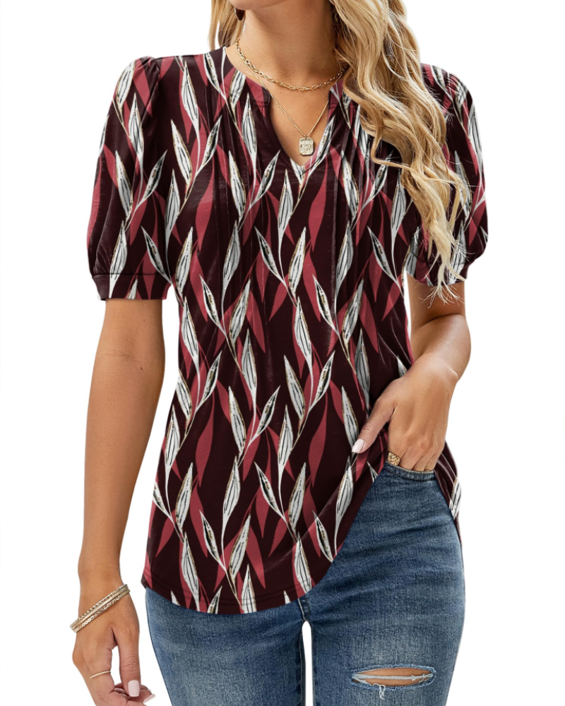 Nina Blouse Femme Été – Col V Fleuri Manches Bouffantes & Coupe Fluide