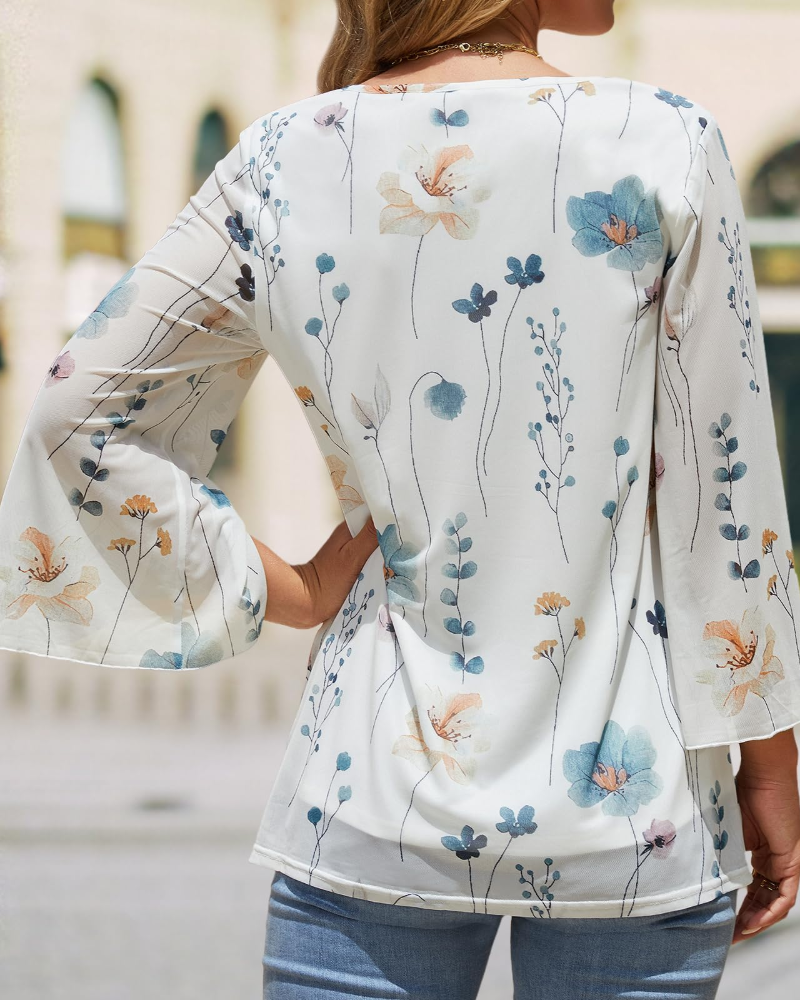Kristine Blouse Femme Été – Col V Fleuri Manches 3/4 à Volants Grande Taille
