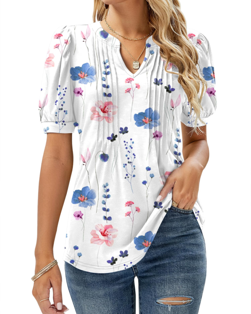 Nina Blouse Femme Été – Col V Fleuri Manches Bouffantes & Coupe Fluide