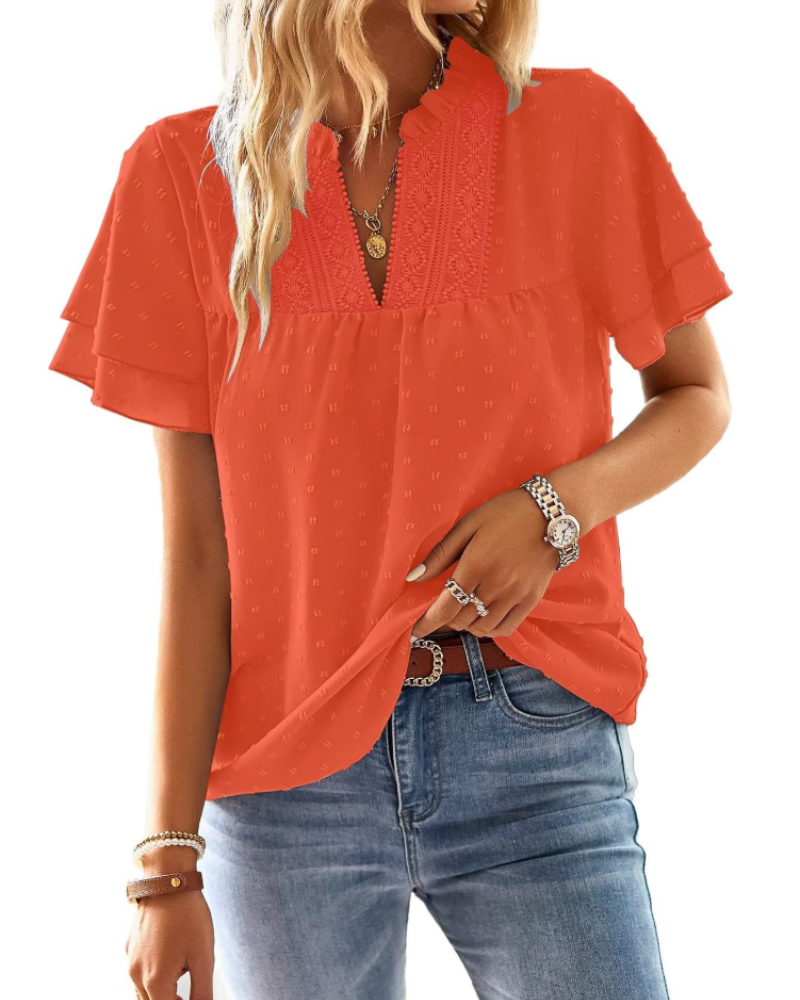 Dámská letní halenka Jiana – výstřih do V s krajkou háčkovanou a volánovými rukávy