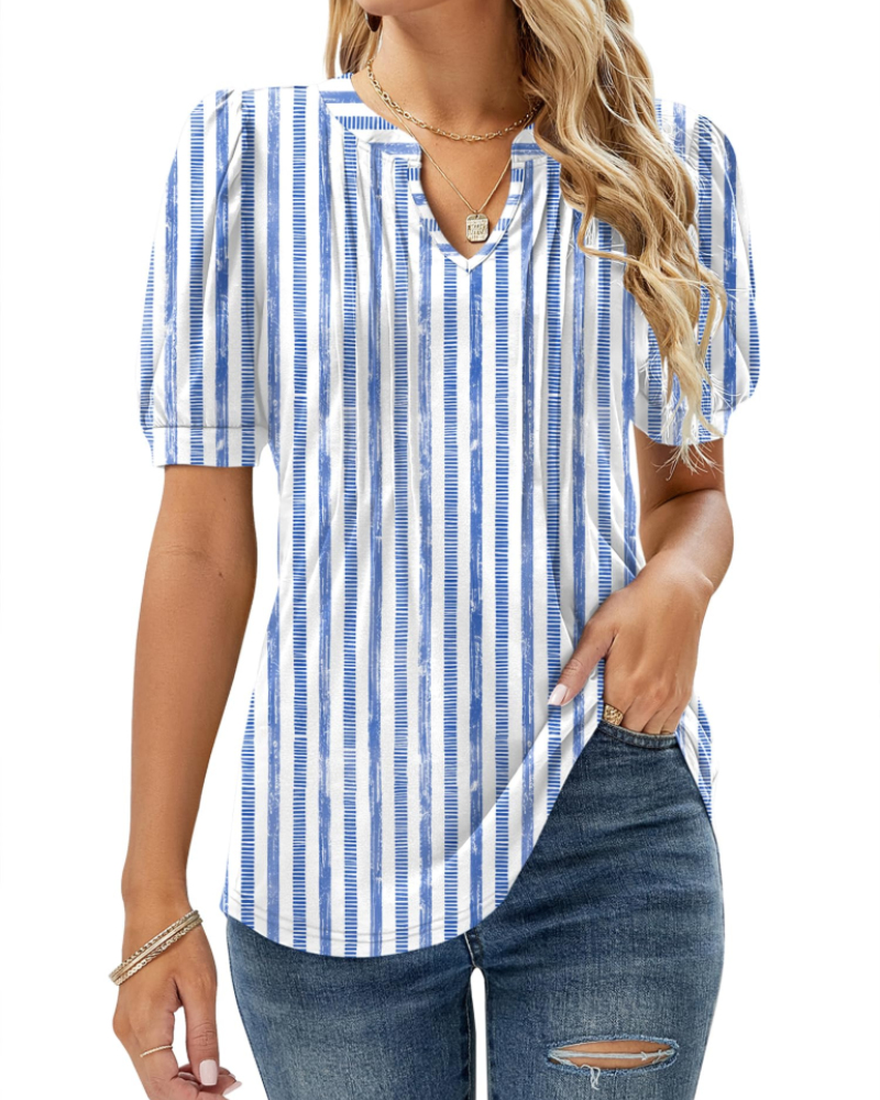Nina Blouse Femme Été – Col V Fleuri Manches Bouffantes & Coupe Fluide