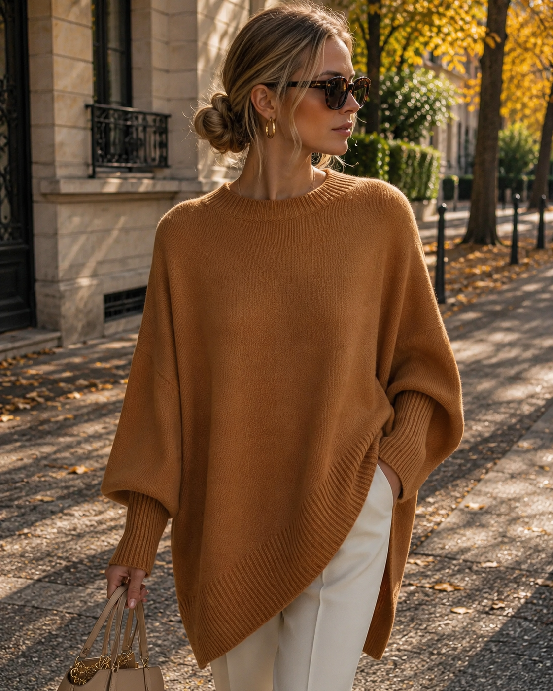Brynn Pull oversize pro ženy – žebrovaný kulatý výstřih, široké rukávy a volný střih