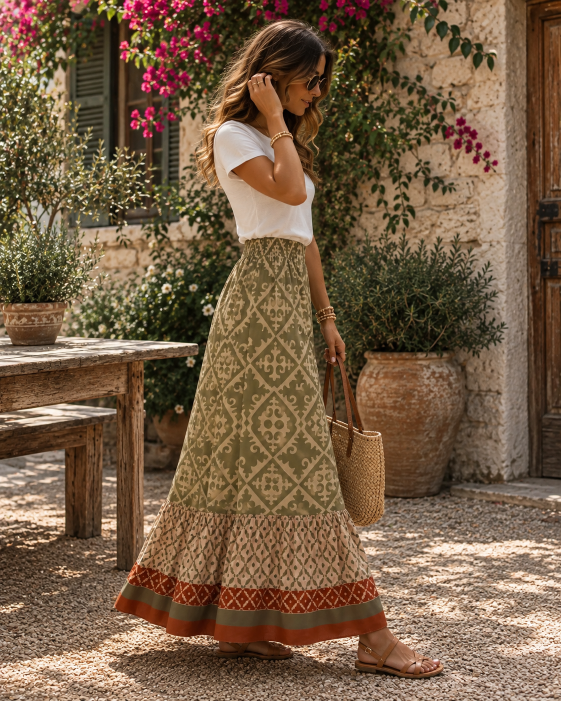 Winslet Jupe Maxi Femme – Imprimé Bohème, Taille Élastique & Ourlet à Volants
